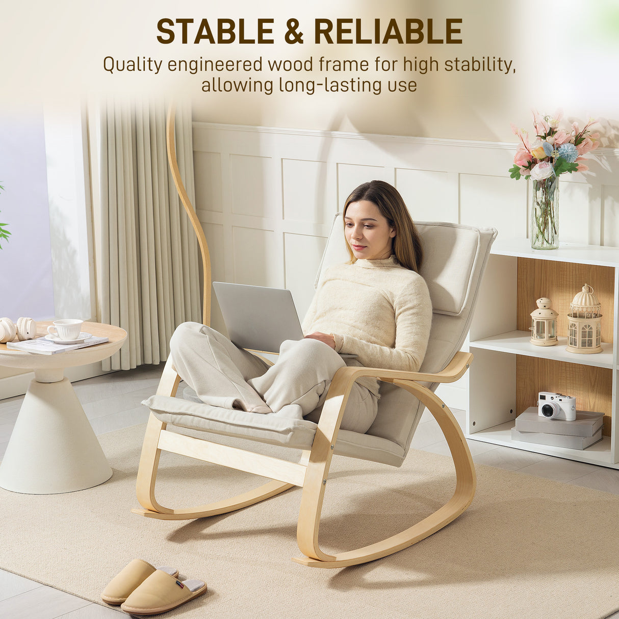 Linen Fabric Rocking Chair 67cm Wide With Wooden Frame - Velmora