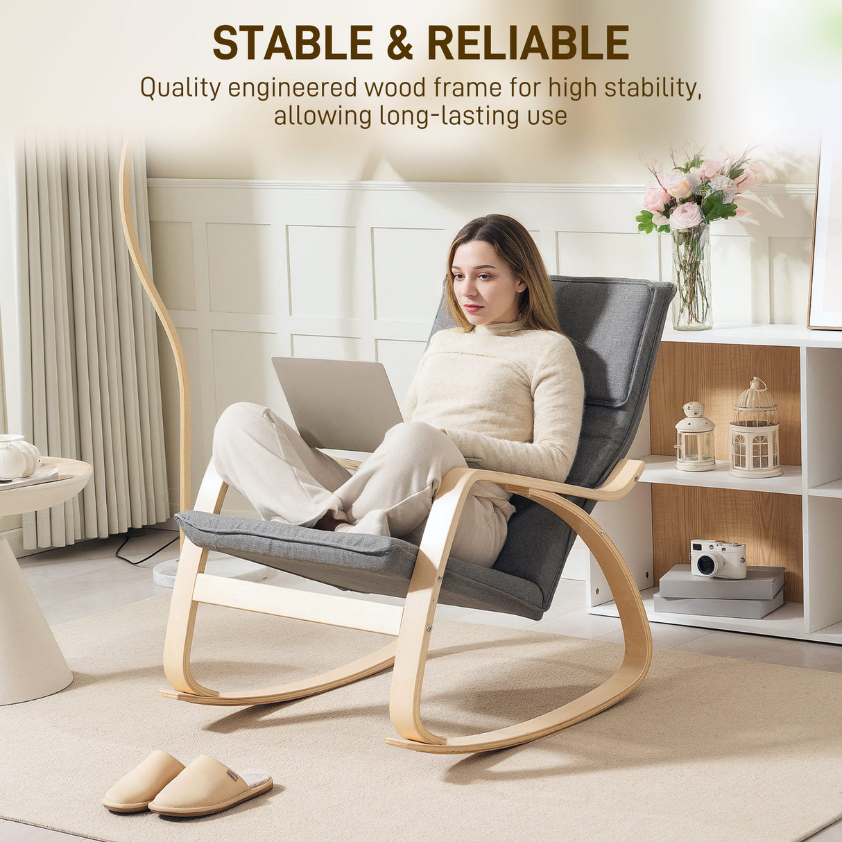 Linen Fabric Rocking Chair 67cm Wide With Wooden Frame - Velmora