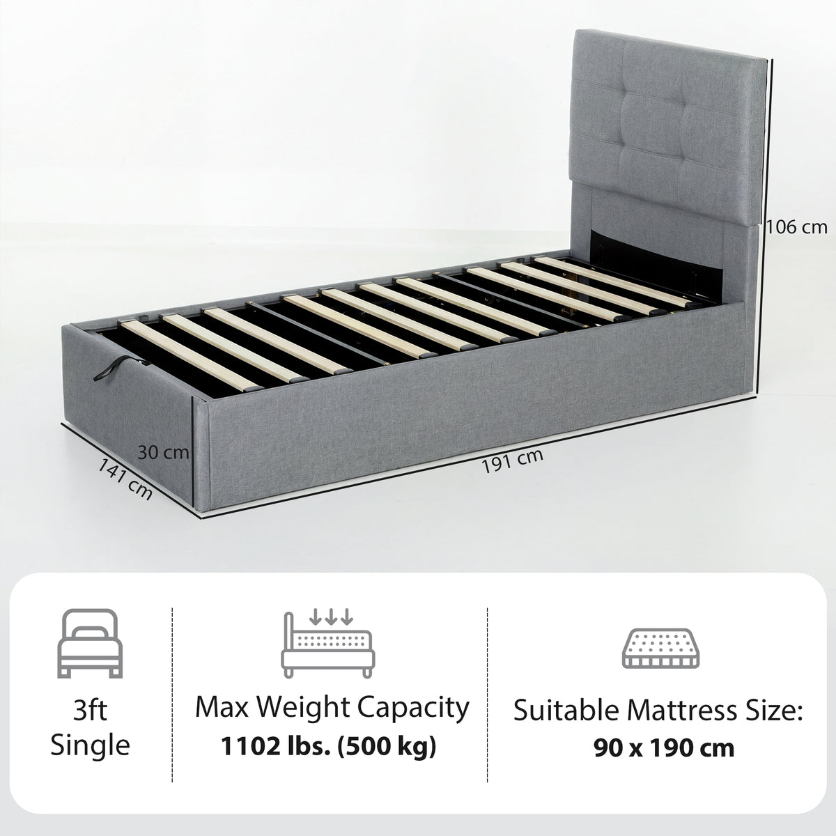 Linen Fabric Single Ottoman Storage Bed 91cm Wide - Velmora