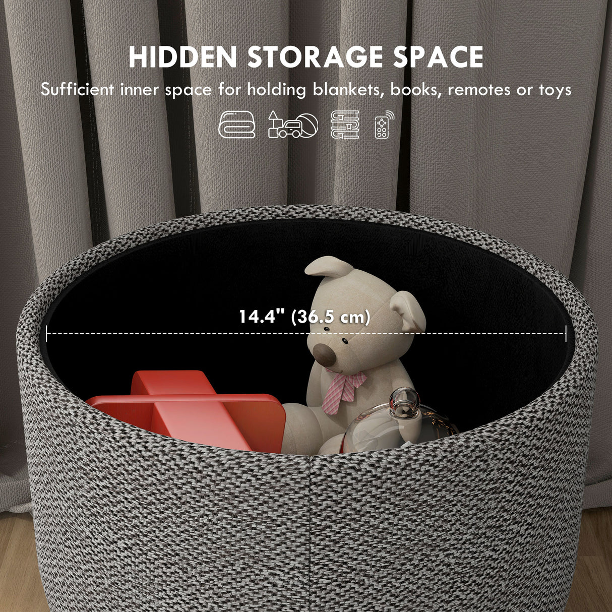 Linen Fabric Storage Ottoman 39cm Wide Round - Velmora
