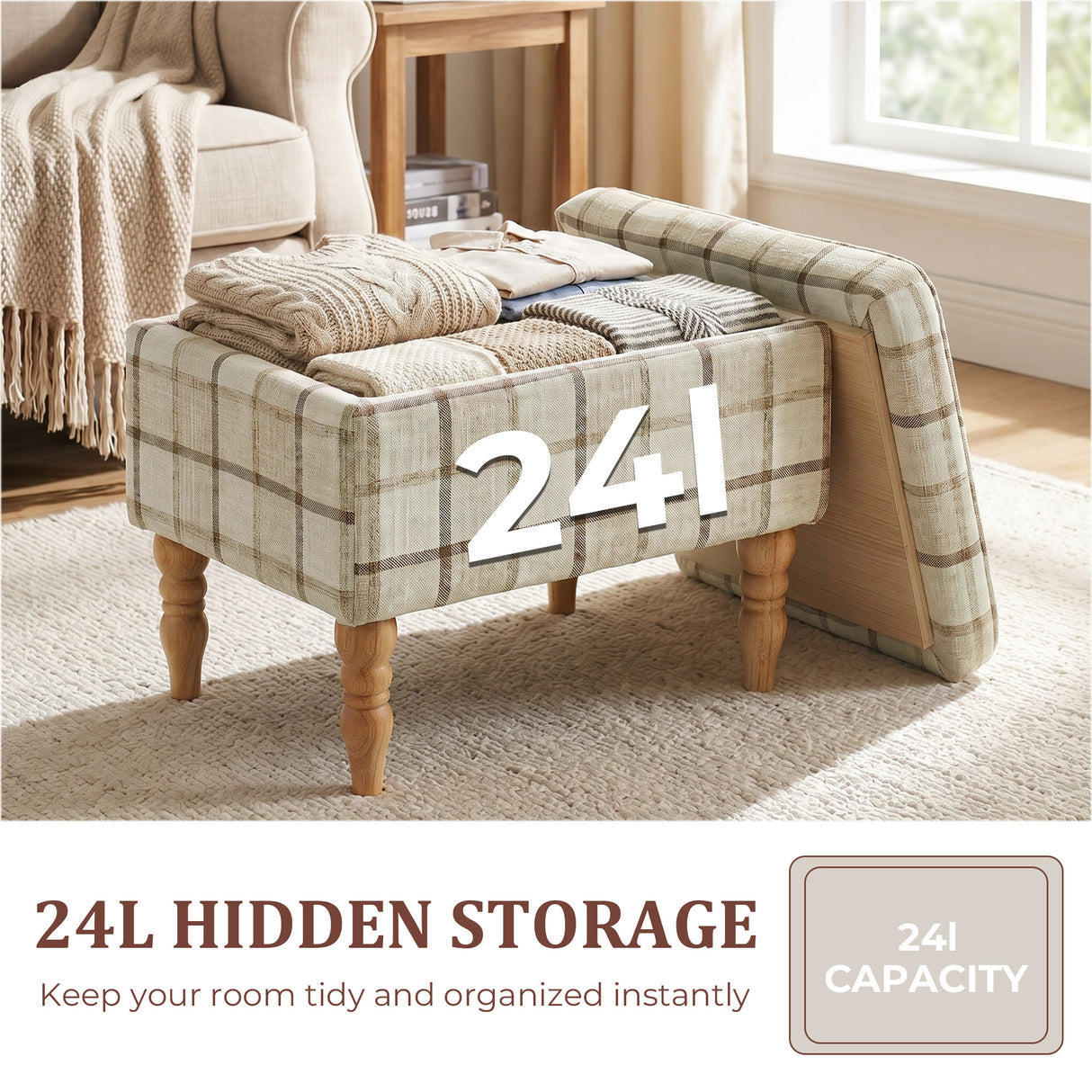 Linen Fabric Storage Ottoman 50cm Wide With Wooden Legs - Velmora