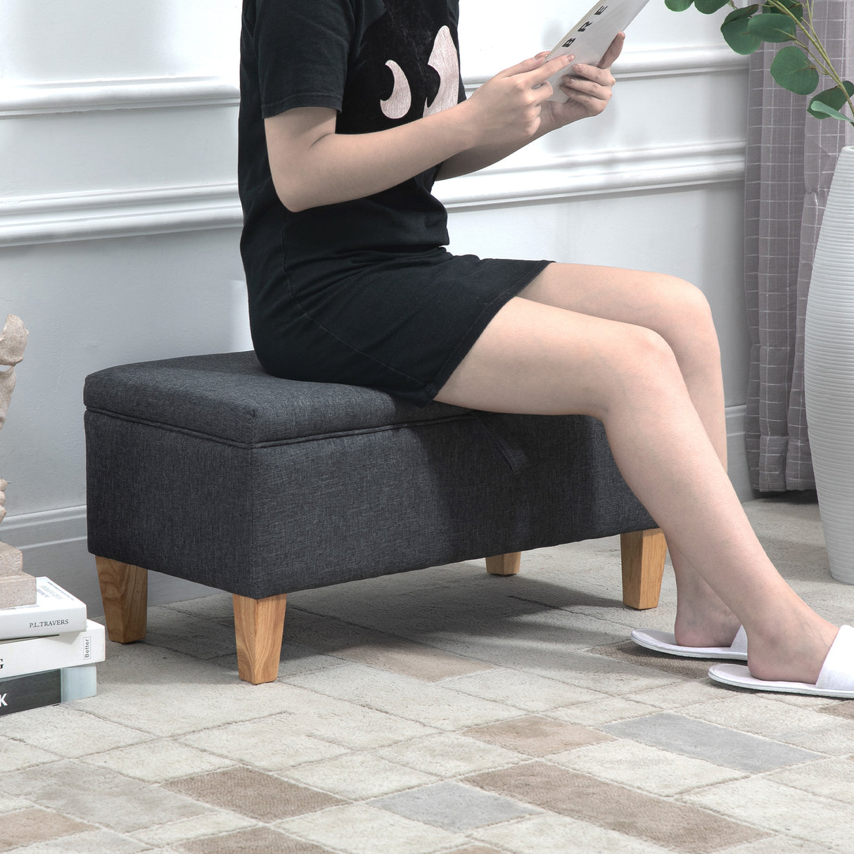 Linen Fabric Storage Ottoman 71cm Wide With Rubberwood Legs - Velmora