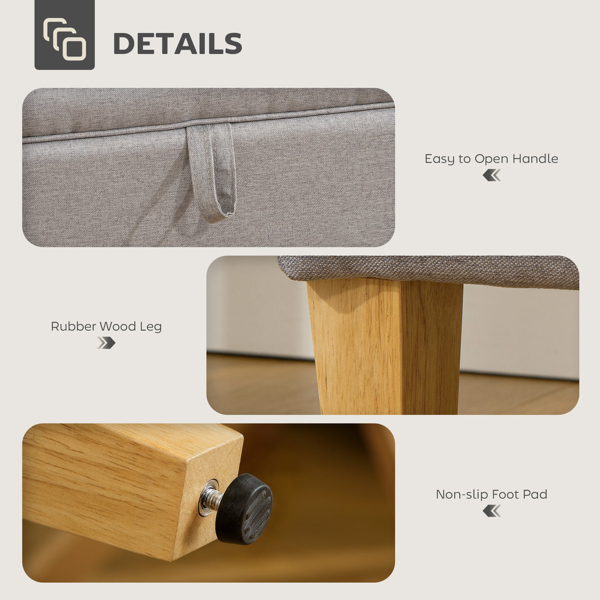 Linen Fabric Storage Ottoman 71cm Wide With Rubberwood Legs - Velmora