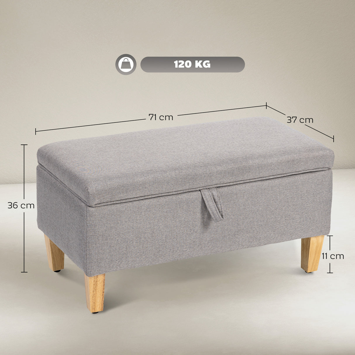 Linen Fabric Storage Ottoman 71cm Wide With Rubberwood Legs - Velmora