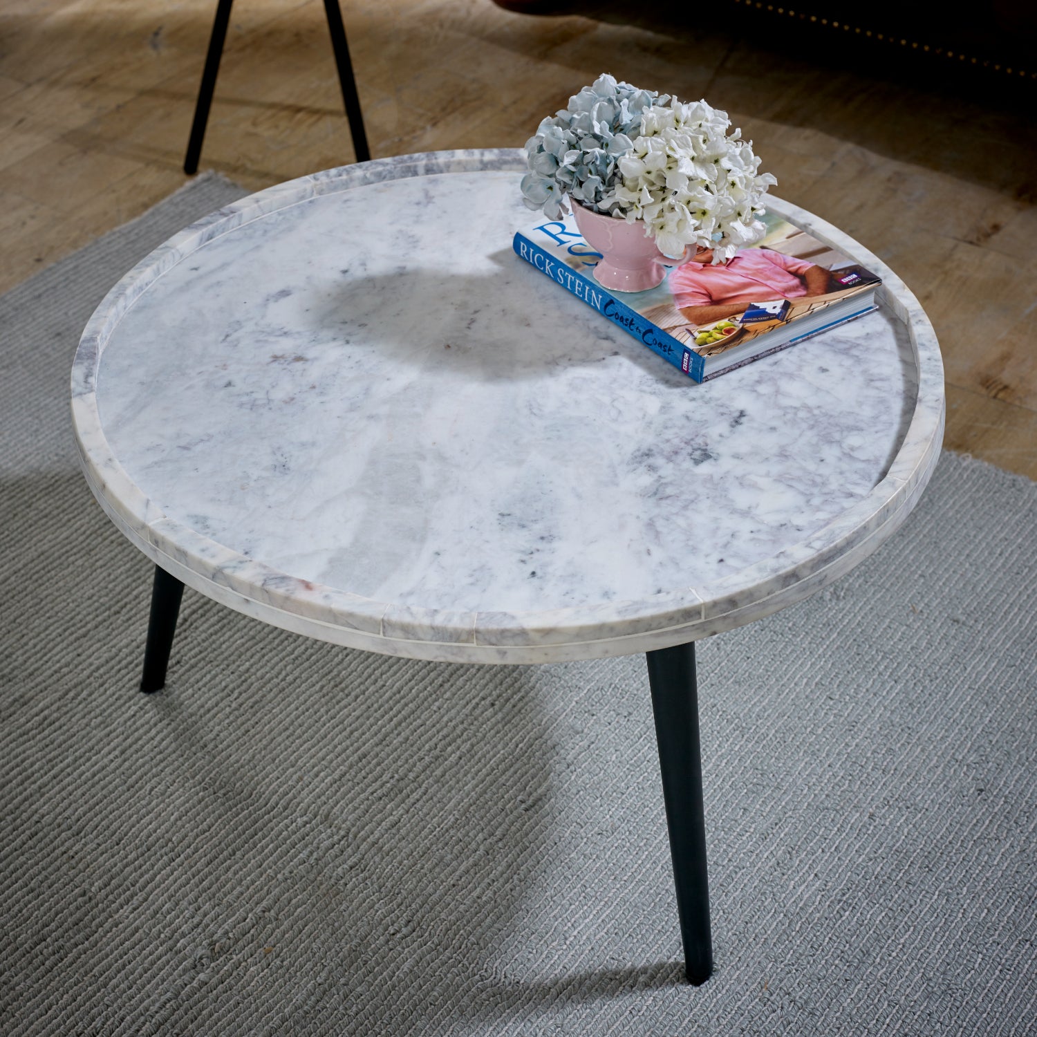 Marble Top Coffee Table Round With Black Metal Legs - Opal