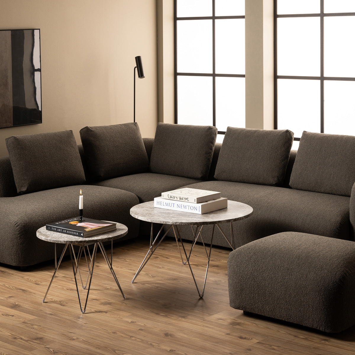 Marble Coffee Table Round With Chromed Steel Wire Base - Prunus