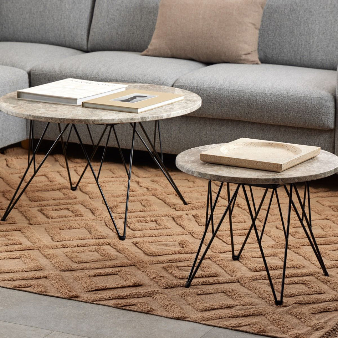 Marble Coffee Table Round With Matt Black Coated Steel Base - Prunus