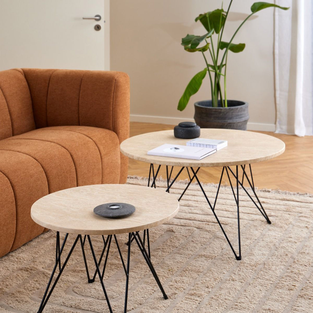 Marble Coffee Table Round With Matt Black Coated Steel Base - Prunus