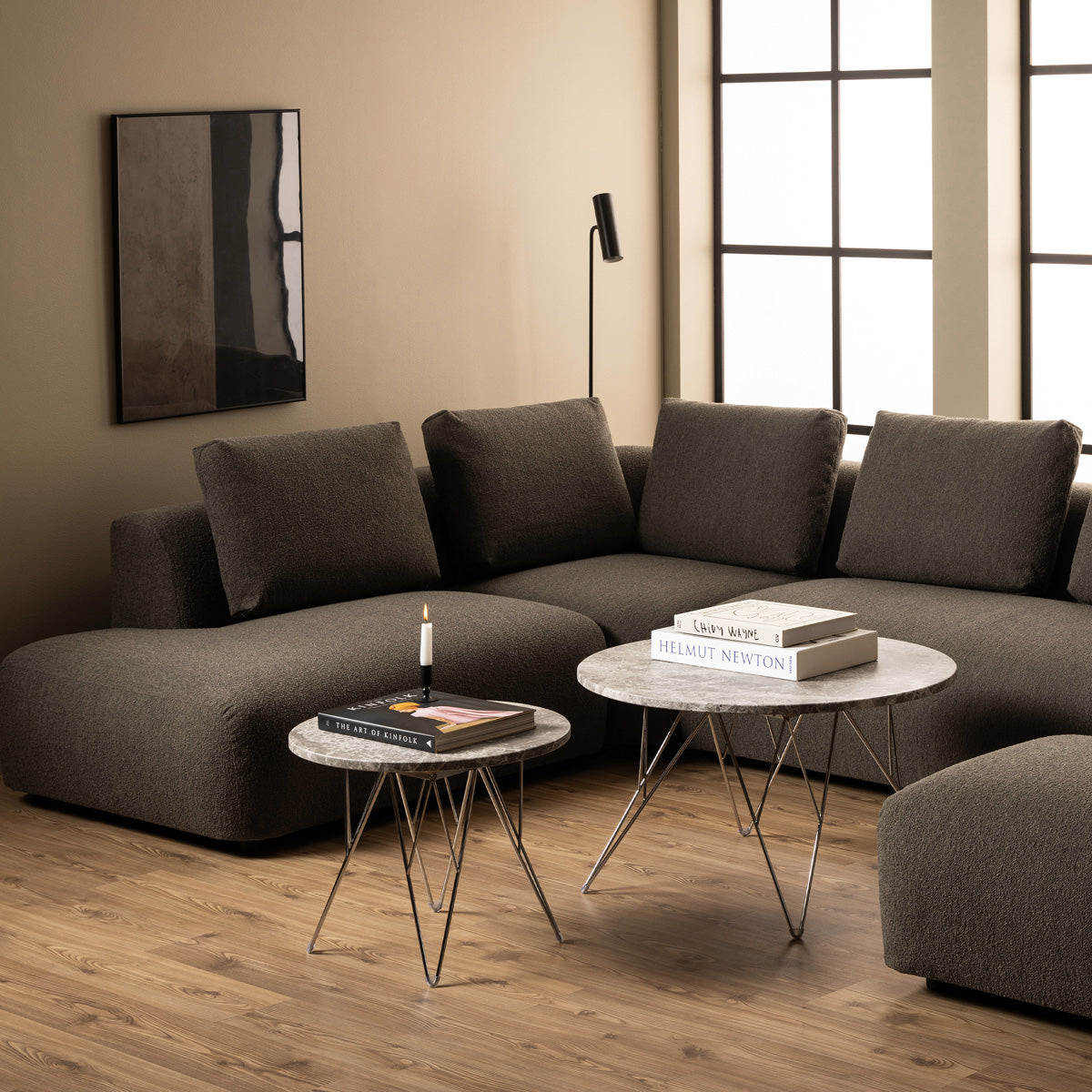 Marble Side Table Round With Chromed Steel Wire Base - Prunus