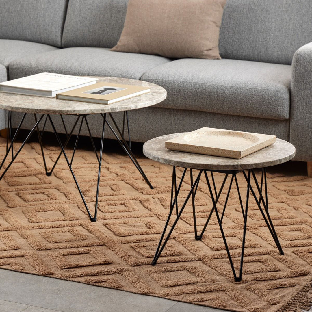 Marble Side Table Round With Matt Black Coated Steel Base - Prunus