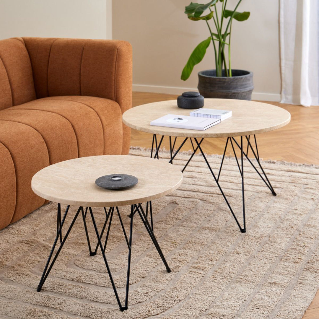 Marble Side Table Round With Matt Black Coated Steel Base - Prunus