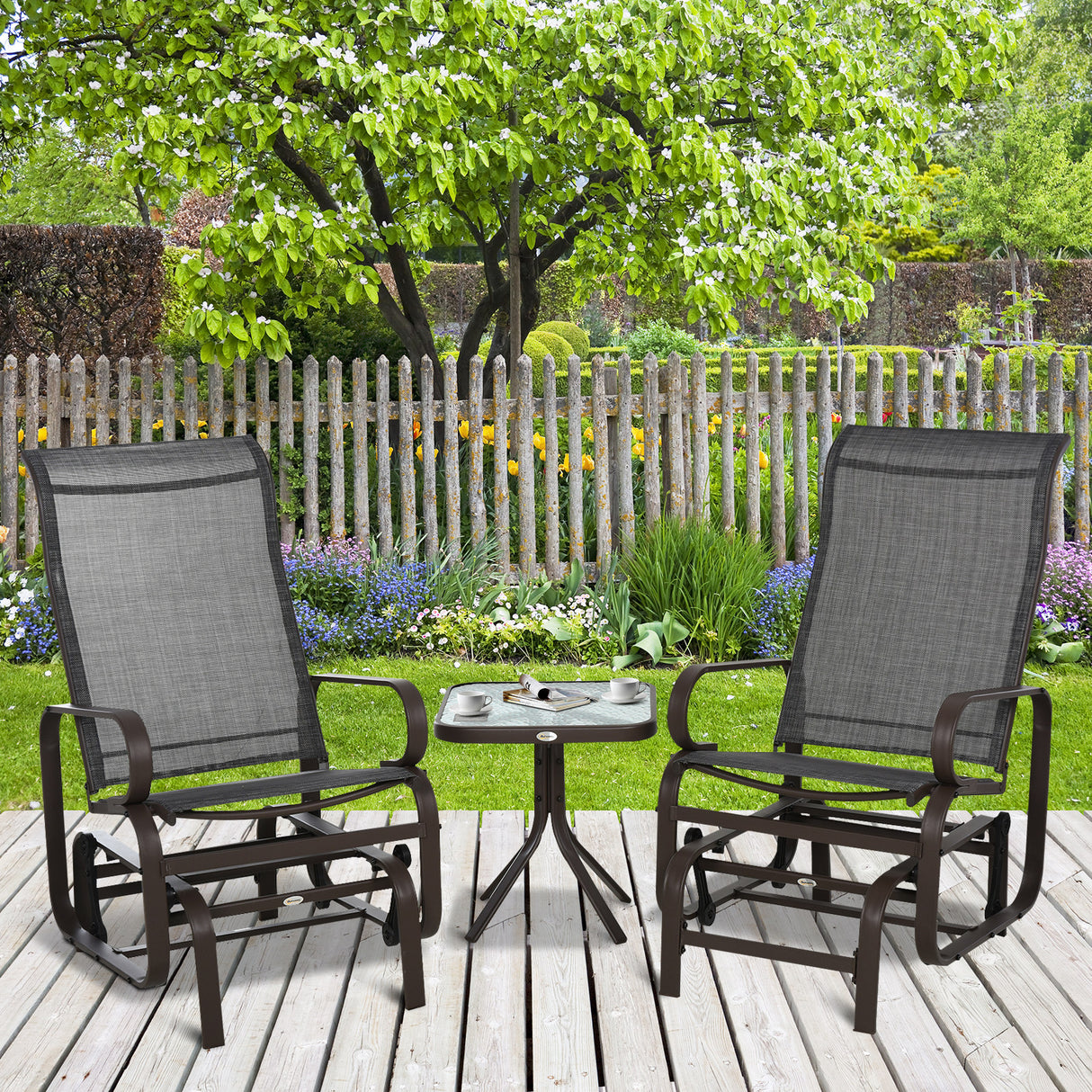 Mesh Fabric 3 Pieces Garden Gliding Chair Set With Glass Top Coffee Table - Velmora