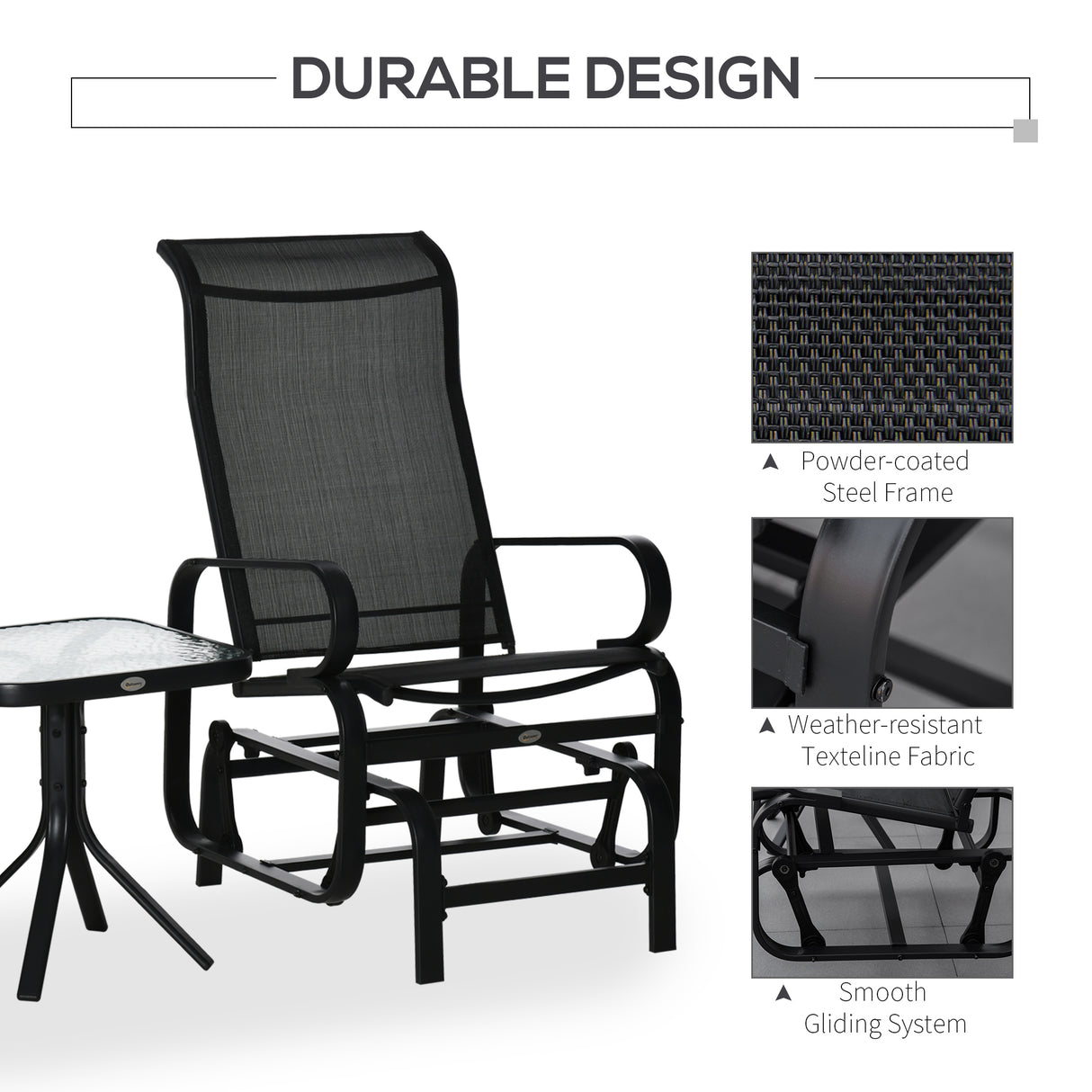 Mesh Fabric 3 Pieces Garden Gliding Chair Set With Glass Top Coffee Table - Velmora
