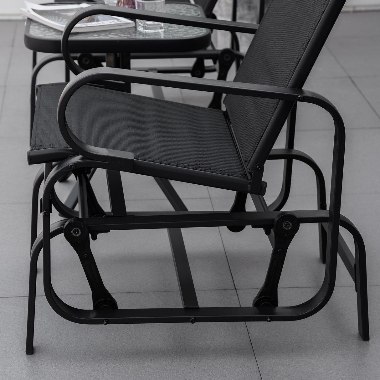 Mesh Fabric 3 Pieces Garden Gliding Chair Set With Glass Top Coffee Table - Velmora