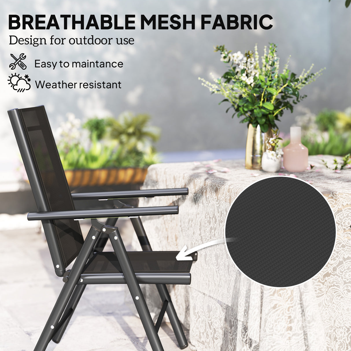 Mesh Fabric Folding Garden Chairs in Set of 2 With Armrests for Balcony - Velmora