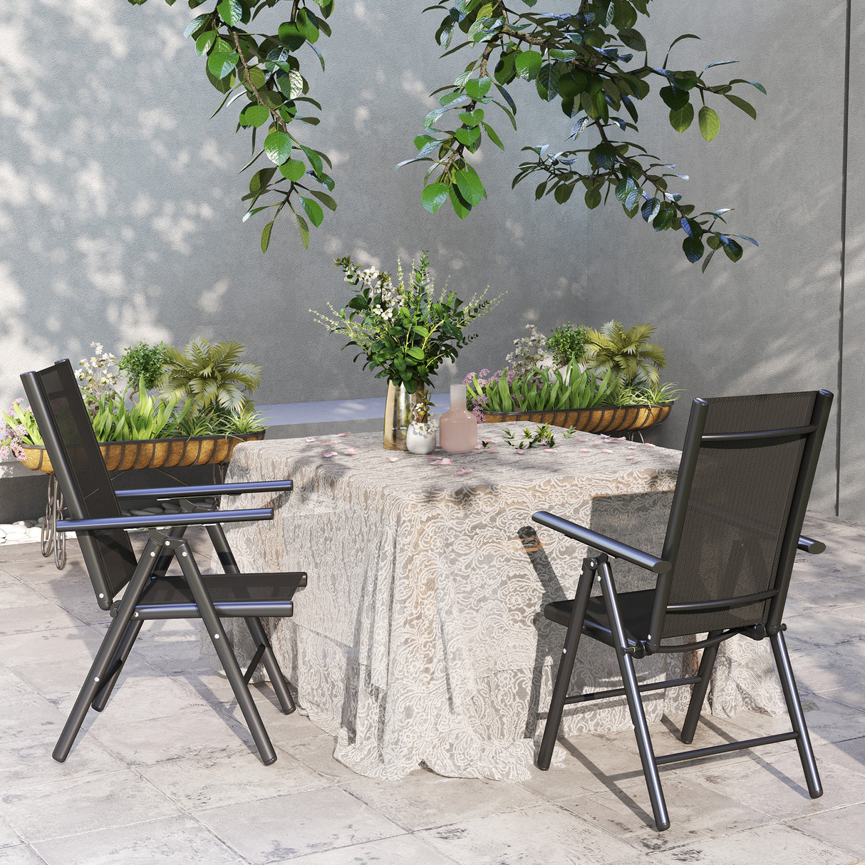Mesh Fabric Folding Garden Chairs in Set of 2 With Armrests for Balcony - Velmora