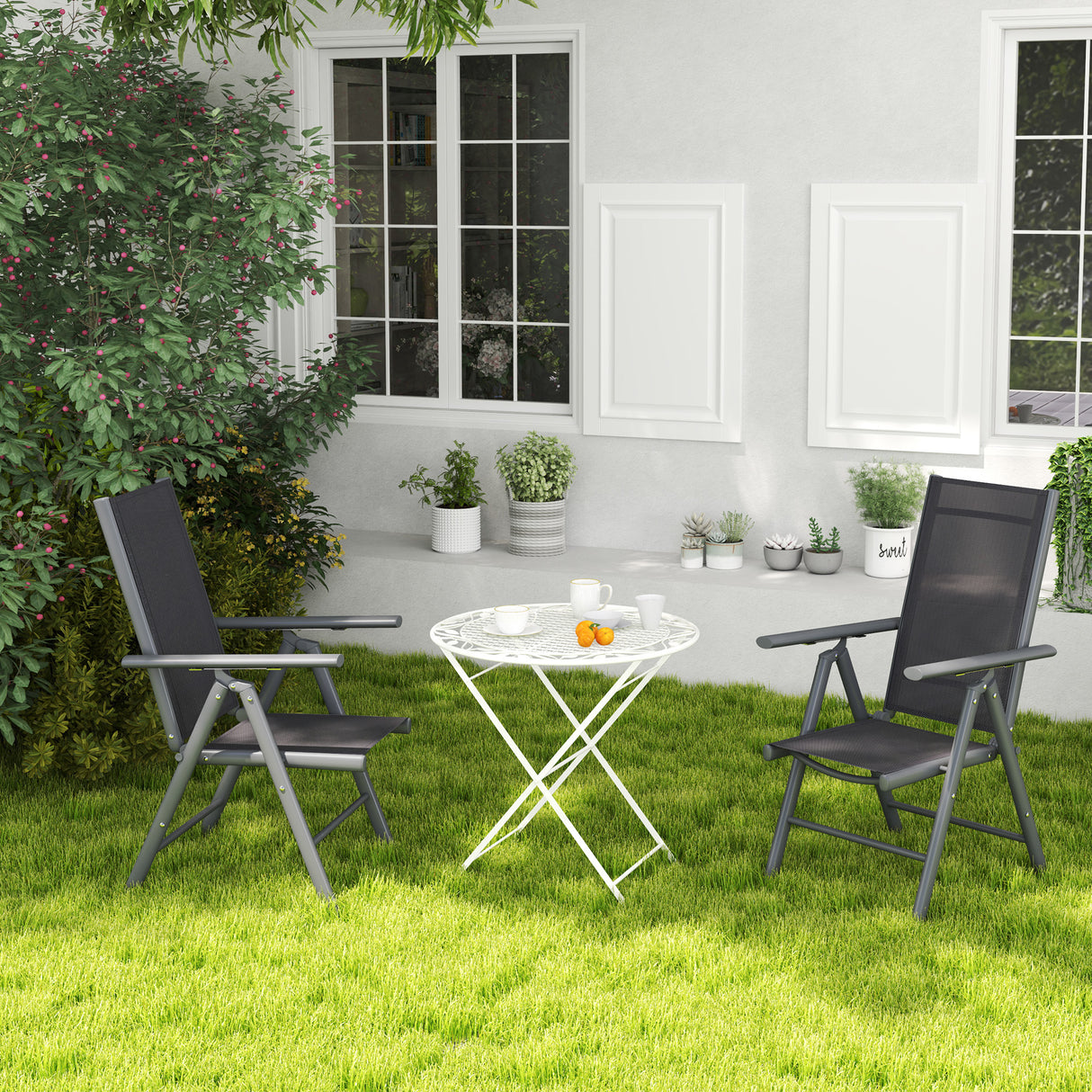 Mesh Fabric Folding Garden Chairs in Set of 2 With Armrests for Balcony - Velmora