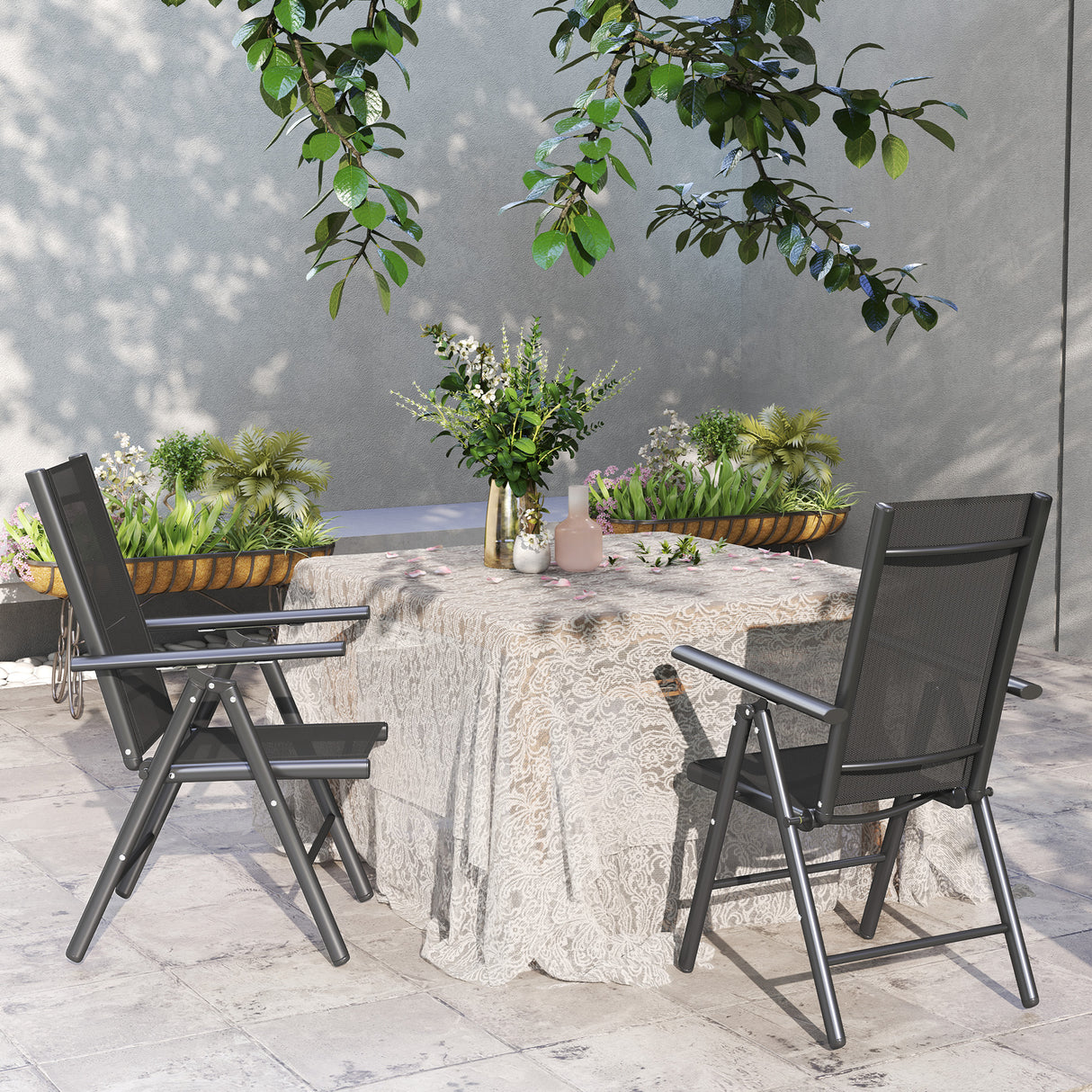 Mesh Fabric Folding Garden Chairs in Set of 2 With Armrests for Balcony - Velmora
