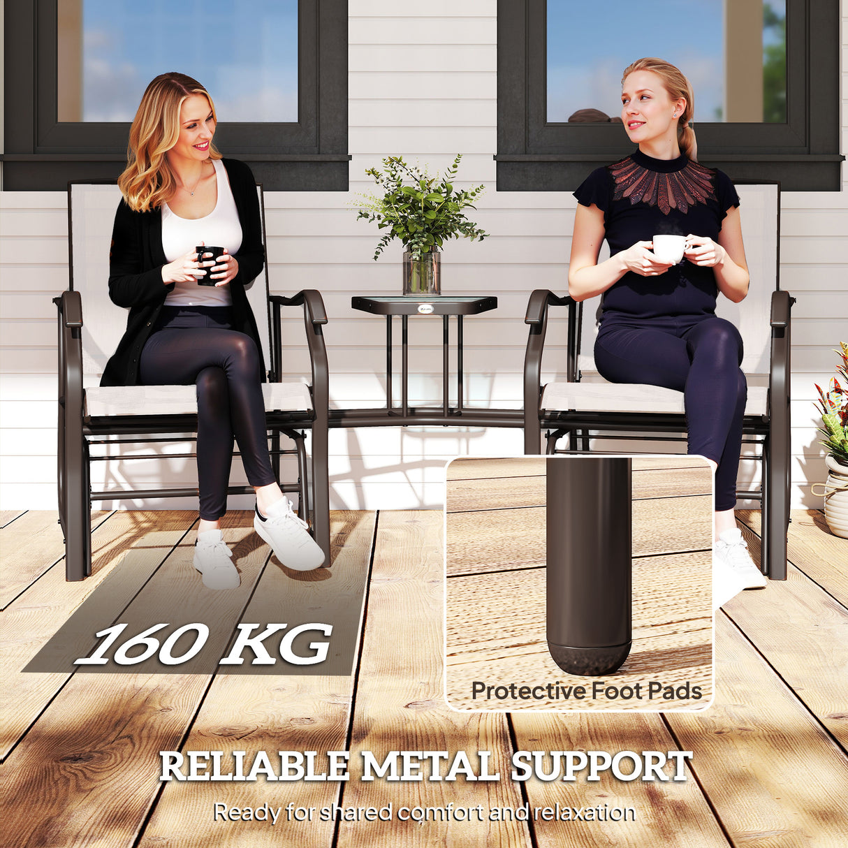 Mesh Fabric Gliding 2 Seater Garden Chair With Glass-Top Table - Velmora