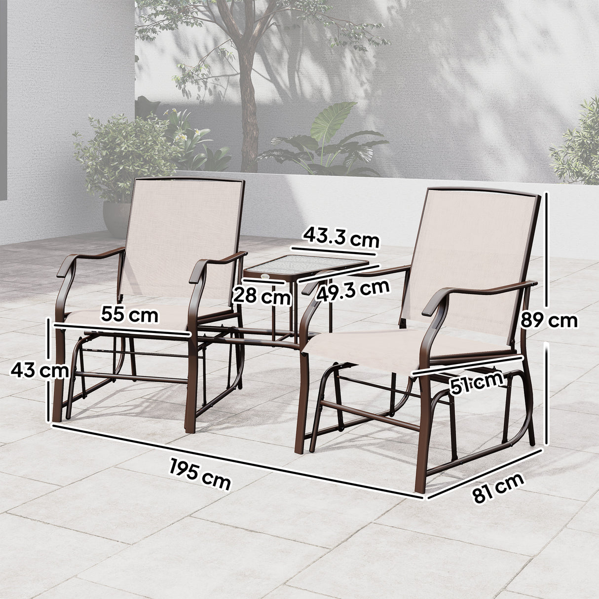 Mesh Fabric Gliding 2 Seater Garden Chair With Glass-Top Table - Velmora