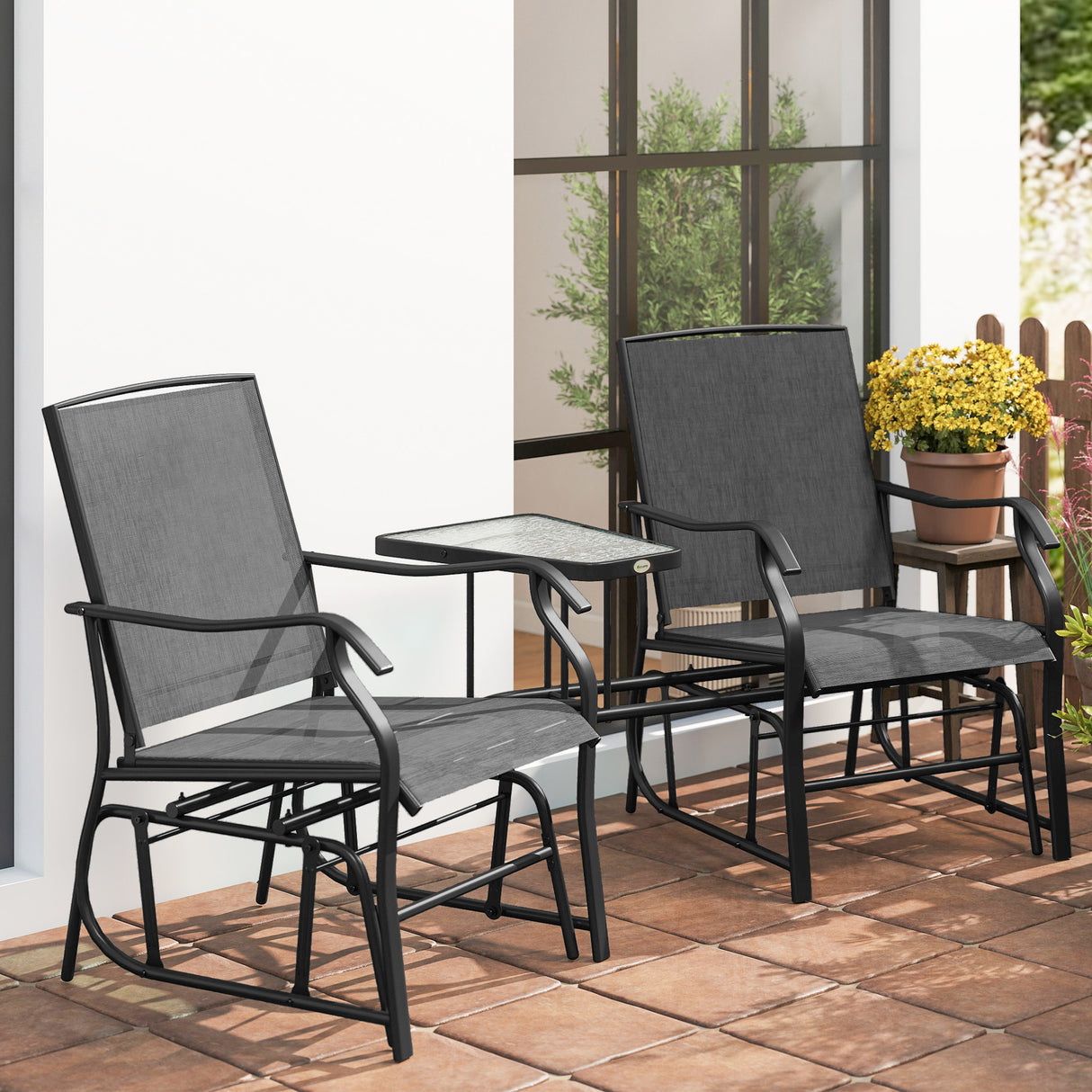 Mesh Fabric Gliding 2 Seater Garden Chair With Glass-Top Table - Velmora