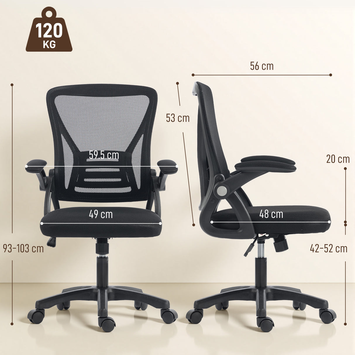 Mesh Fabric Home And Office Chair 59.5cm Wide With Flip Up Armrest - Velmora
