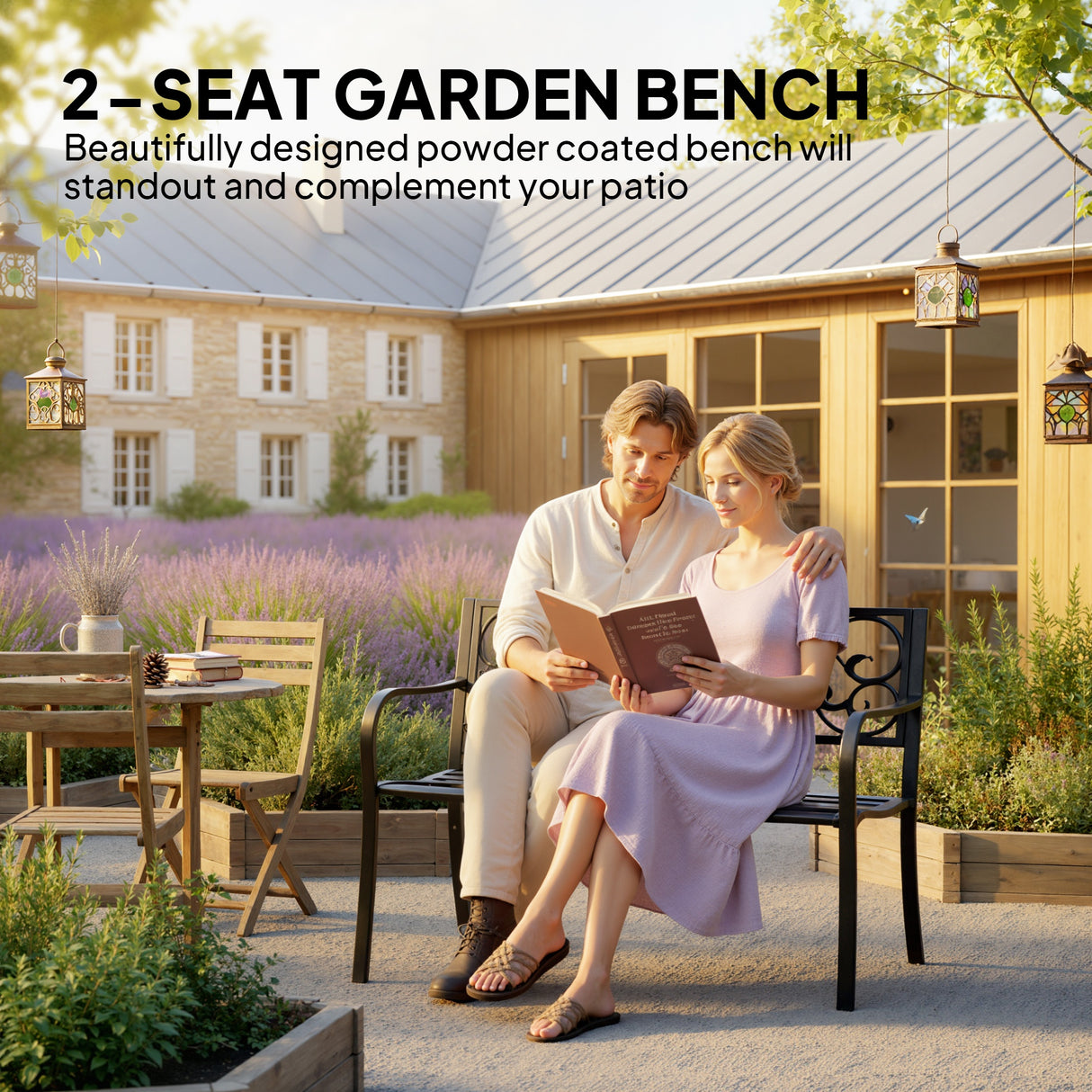 Metal 2 Seater Garden Bench With Floral Backrest and Armrests - Velmora