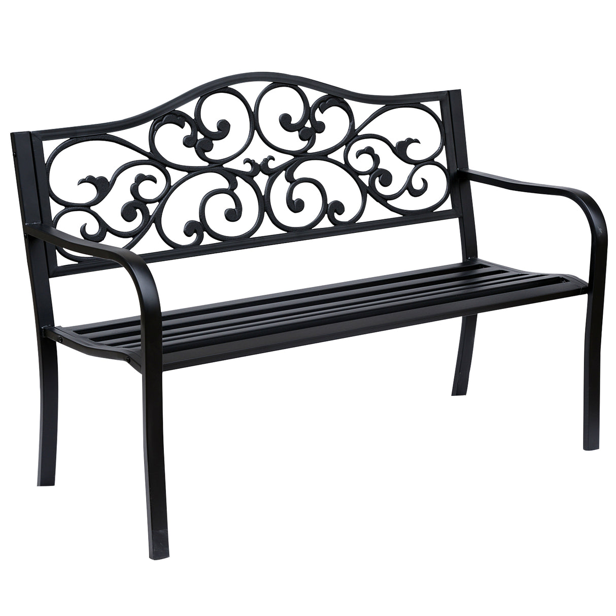 Metal 2 Seater Garden Bench With Floral Backrest and Armrests - Velmora