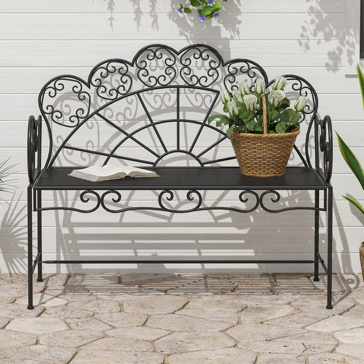 Metal 2 Seater Garden Bench Loveseat With Slatted Seat - Velmora