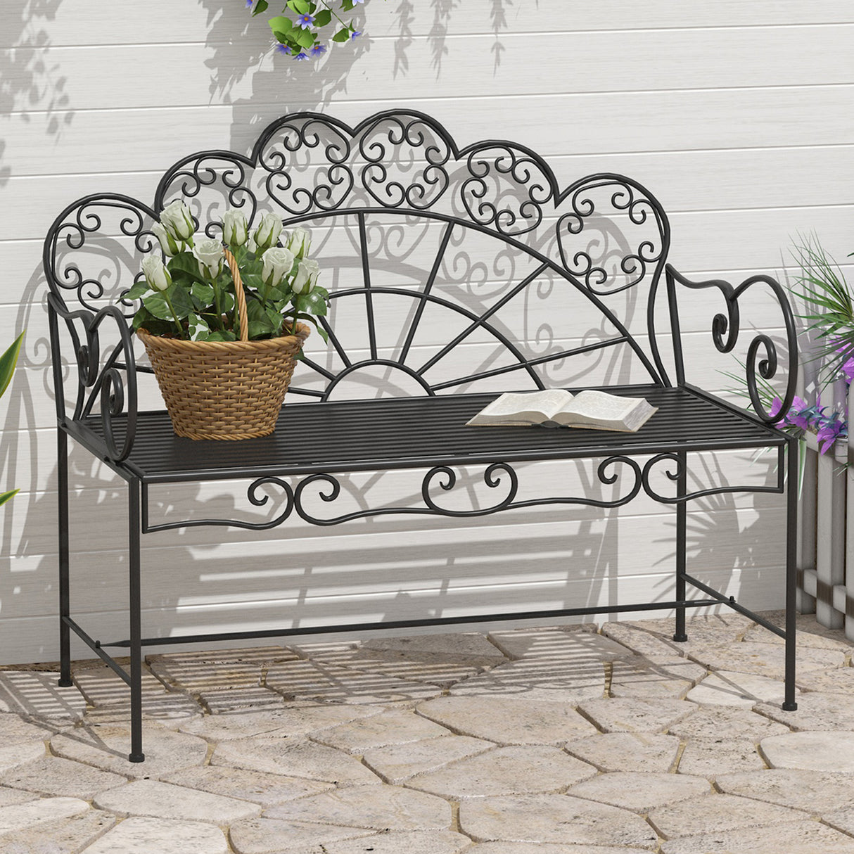Metal 2 Seater Garden Bench Loveseat With Slatted Seat - Velmora