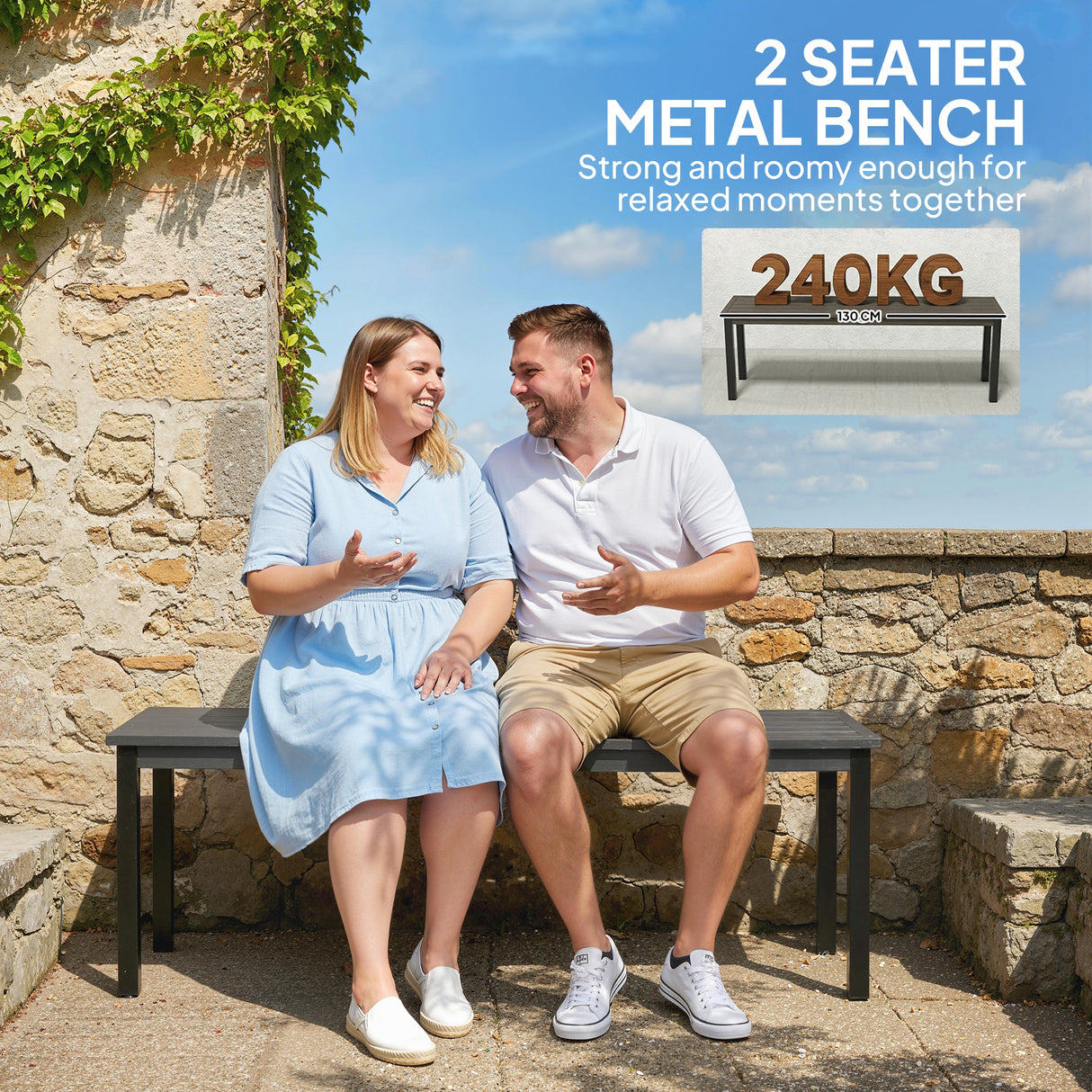 Metal 2 Seater Garden Bench With Wood-Effect Slatted Seat - Velmora