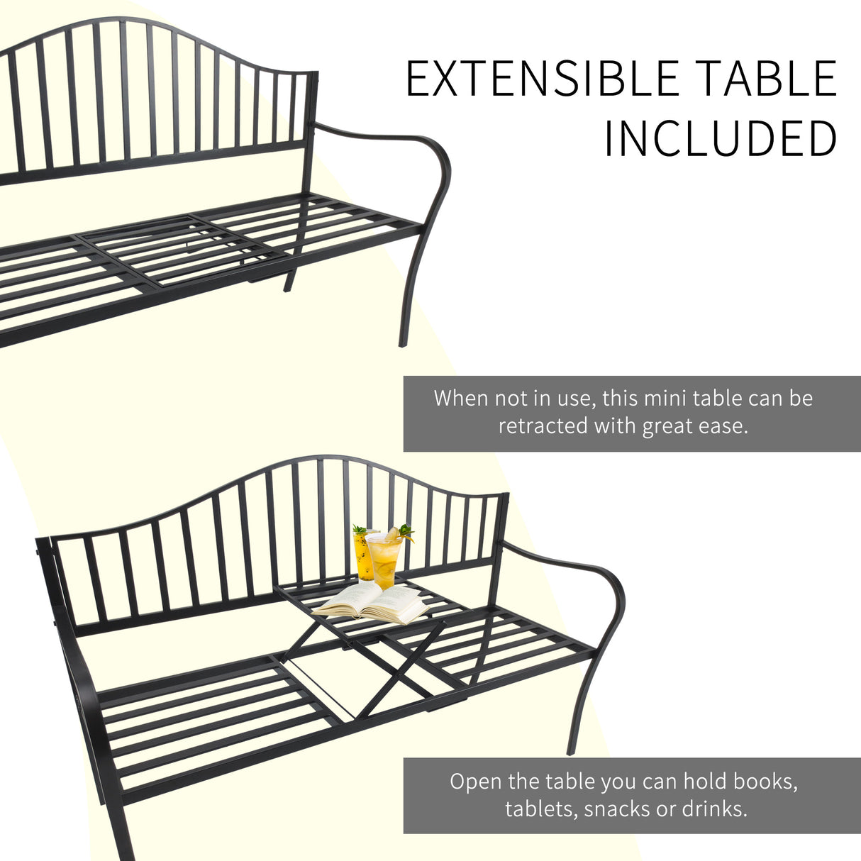 Metal 2 to 3 Seater Garden Bench With Table - Velmora