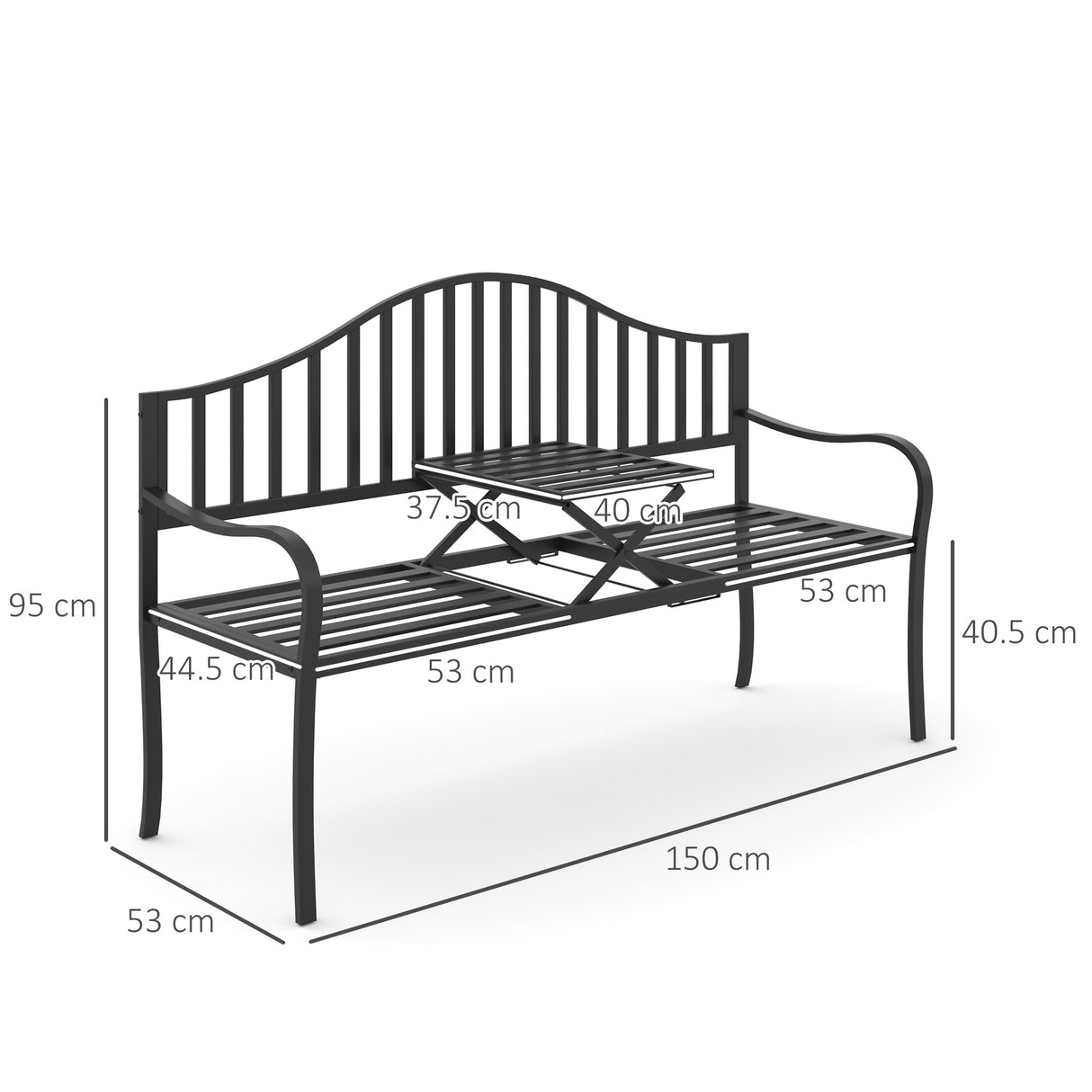Metal 2 to 3 Seater Garden Bench With Table - Velmora