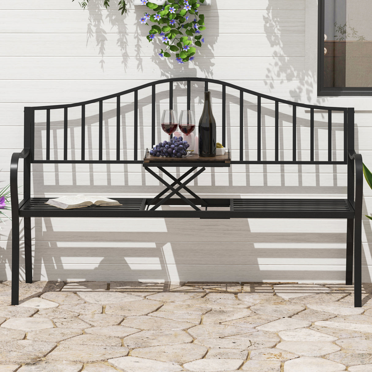 Metal 2 to 3 Seater Garden Bench With Table - Velmora