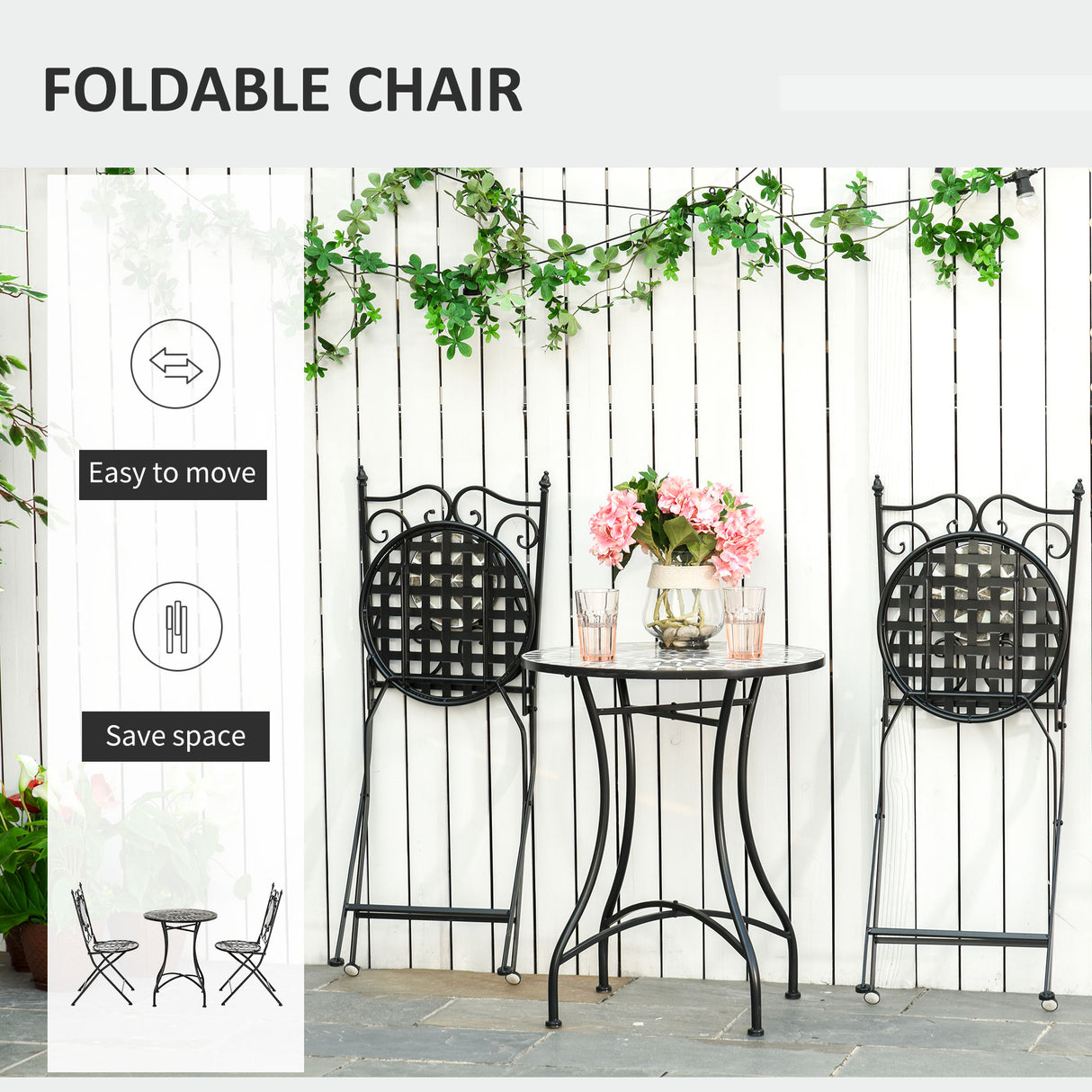 Metal 3 Pieces Garden Bistro Set With 2 Folding Chairs in Mosaic Tiles - Velmora