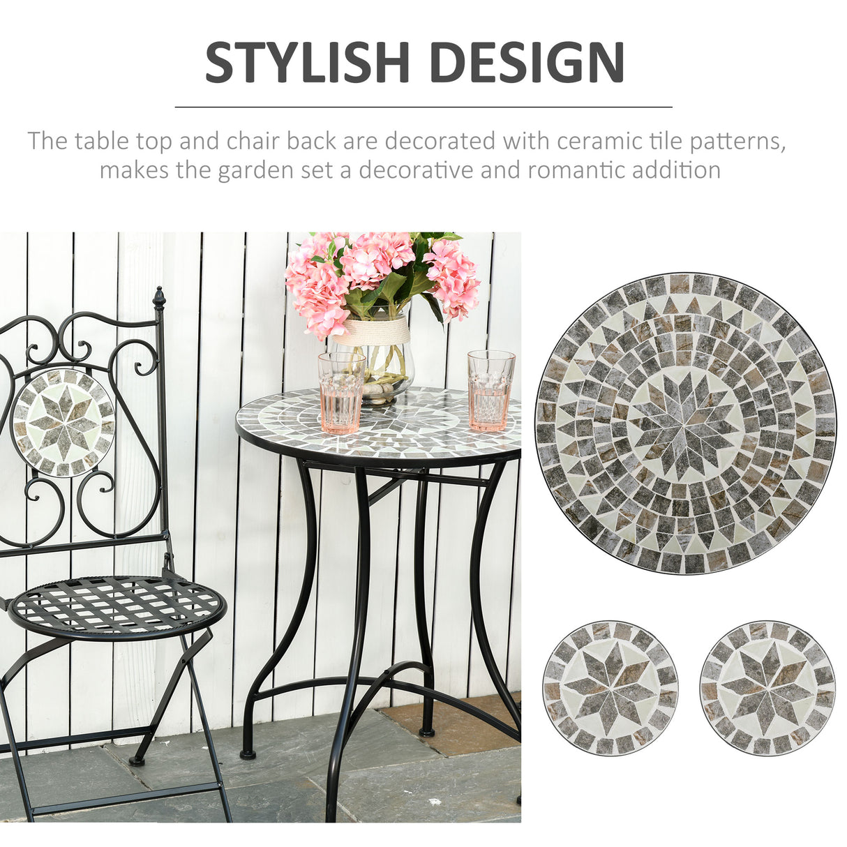 Metal 3 Pieces Garden Bistro Set With 2 Folding Chairs in Mosaic Tiles - Velmora