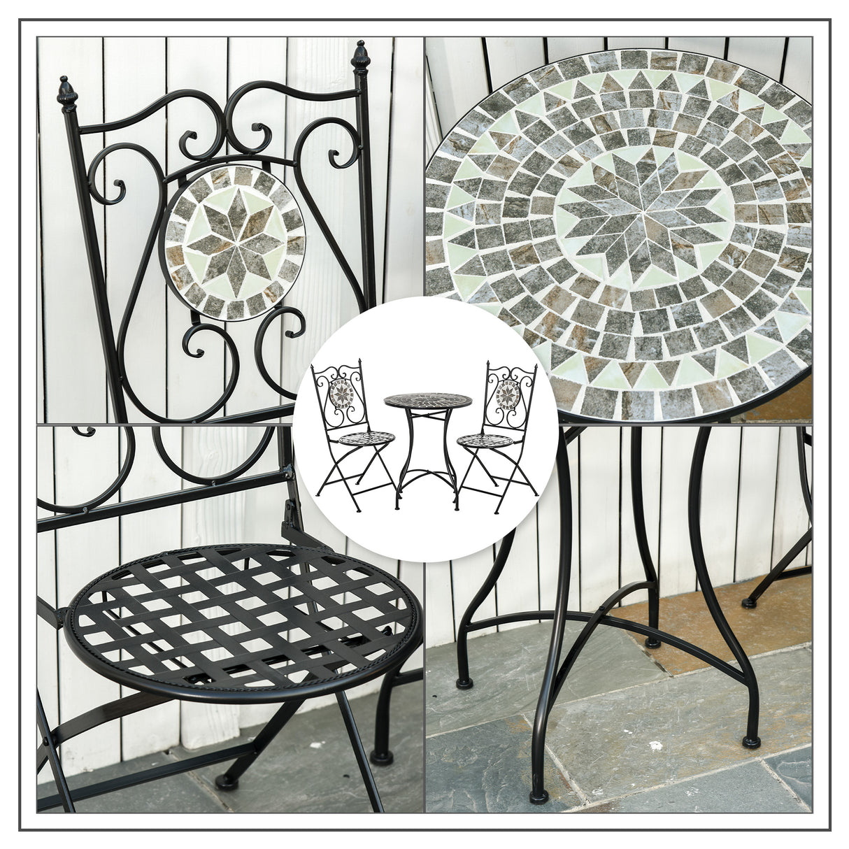 Metal 3 Pieces Garden Bistro Set With 2 Folding Chairs in Mosaic Tiles - Velmora
