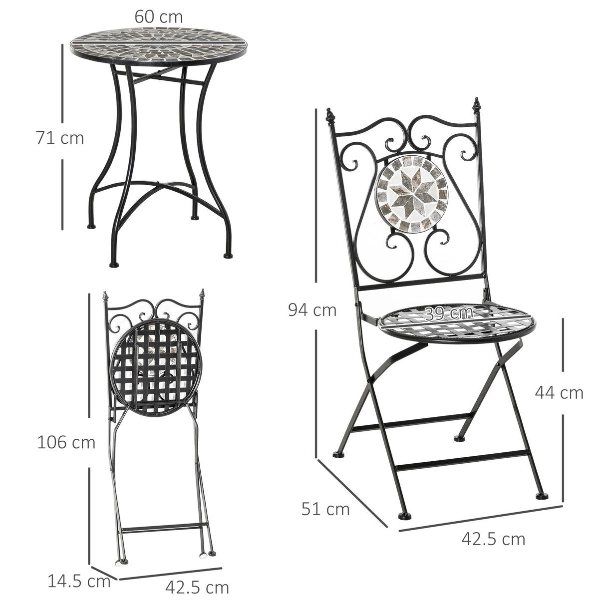 Metal 3 Pieces Garden Bistro Set With 2 Folding Chairs in Mosaic Tiles - Velmora