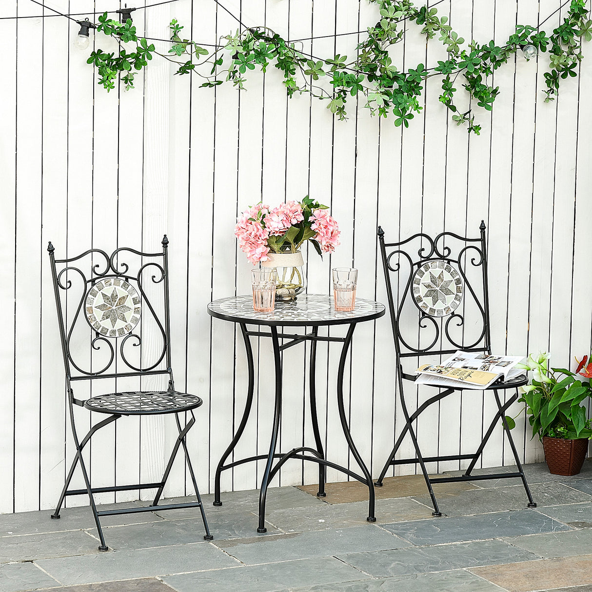 Metal 3 Pieces Garden Bistro Set With 2 Folding Chairs in Mosaic Tiles - Velmora