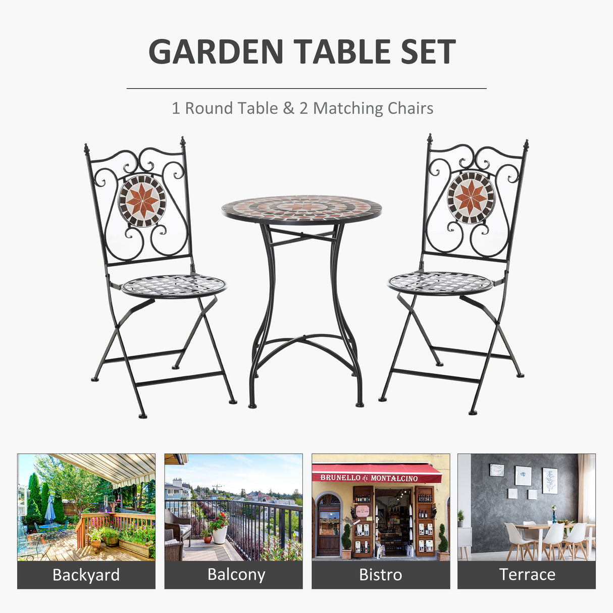 Metal 3 Pieces Garden Bistro Set in Multicolour Mosaic Design - Velmora