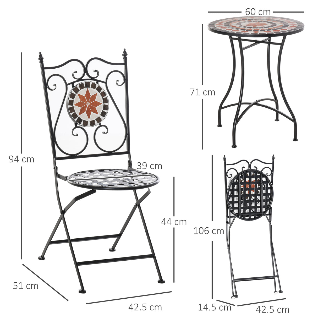 Metal 3 Pieces Garden Bistro Set in Multicolour Mosaic Design - Velmora
