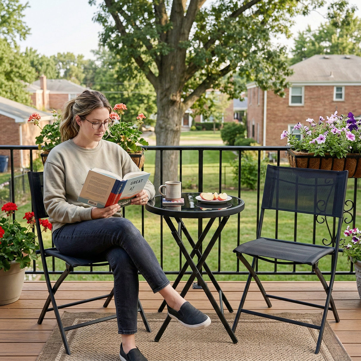 Metal 3 Pieces Garden Bistro Set With Round Glass Table and 2 Folding Chairs - Velmora