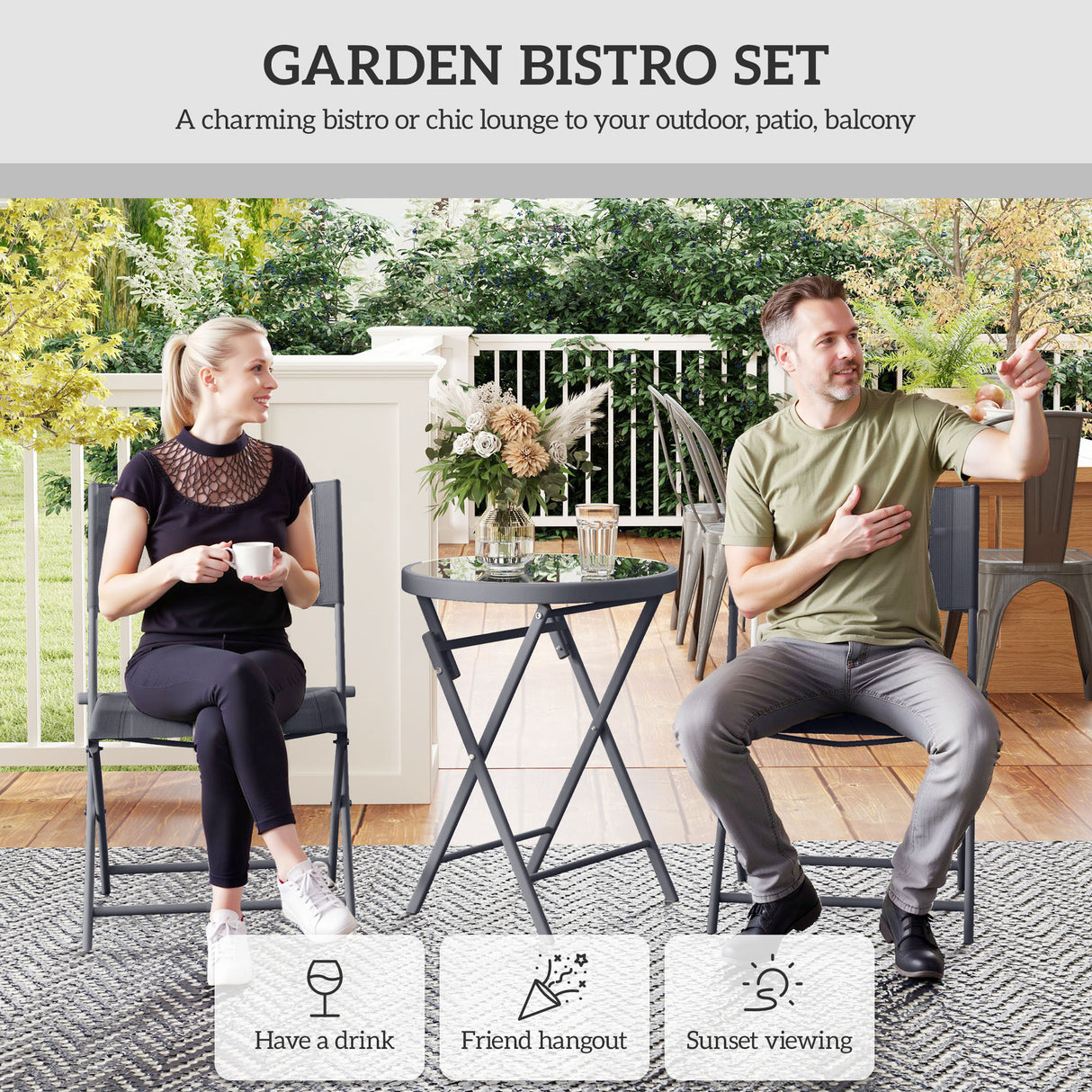 Metal 3 Pieces Garden Bistro Set With Round Glass Table and 2 Folding Chairs - Velmora