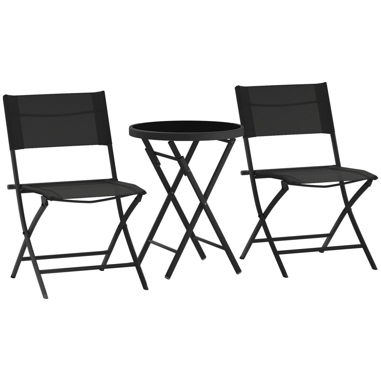 Metal 3 Pieces Garden Bistro Set With Round Glass Table and 2 Folding Chairs - Velmora