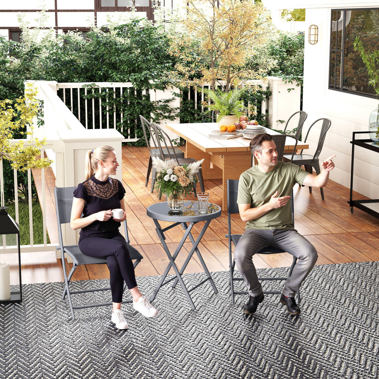 Metal 3 Pieces Garden Bistro Set With Round Glass Table and 2 Folding Chairs - Velmora