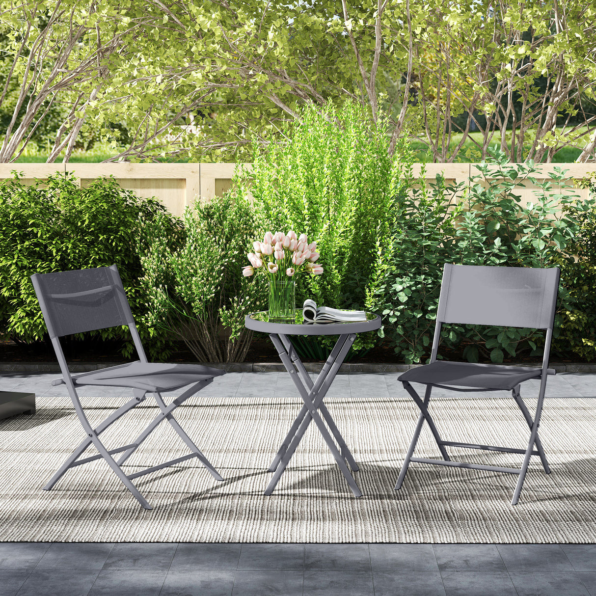 Metal 3 Pieces Garden Bistro Set With Round Glass Table and 2 Folding Chairs - Velmora