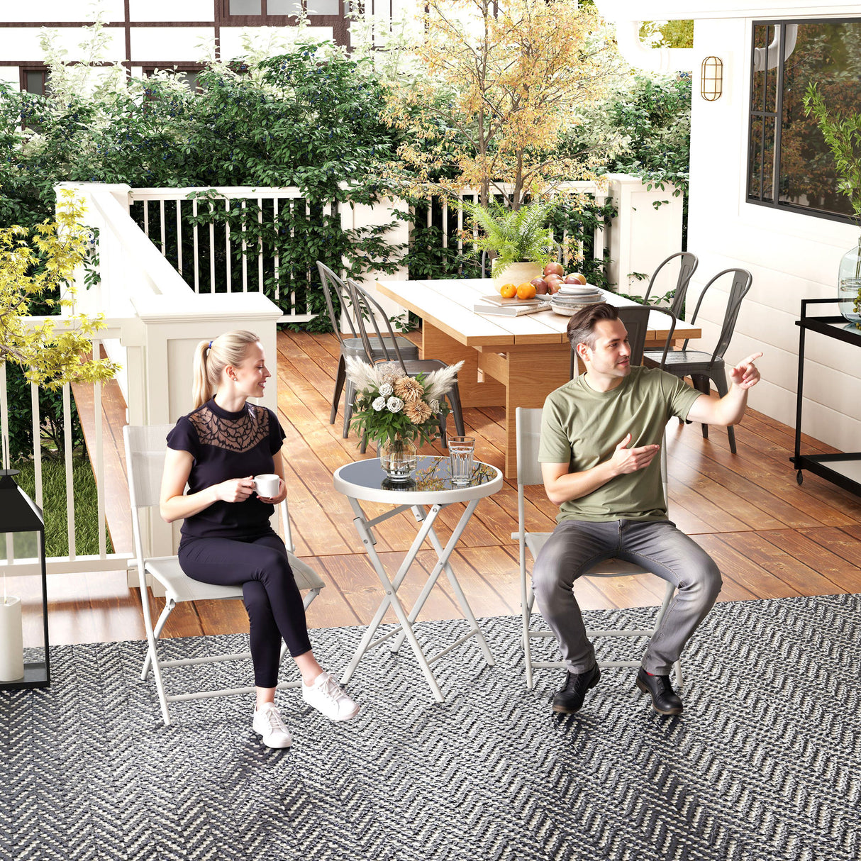 Metal 3 Pieces Garden Bistro Set With Round Glass Table and 2 Folding Chairs - Velmora
