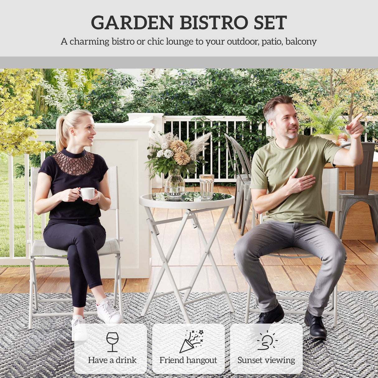 Metal 3 Pieces Garden Bistro Set With Round Glass Table and 2 Folding Chairs - Velmora
