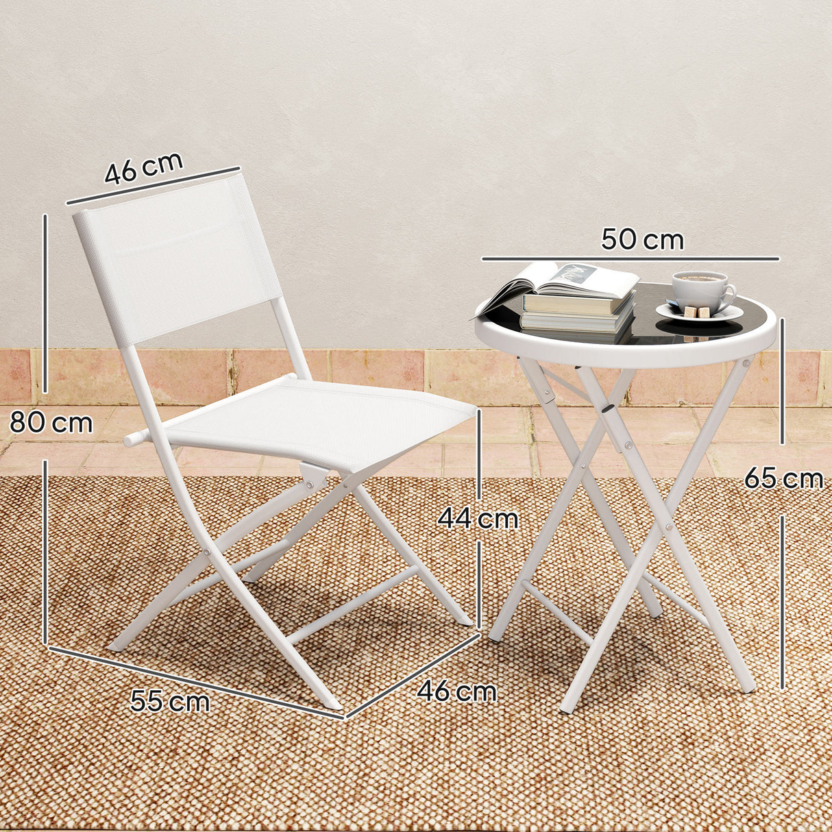 Metal 3 Pieces Garden Bistro Set With Round Glass Table and 2 Folding Chairs - Velmora