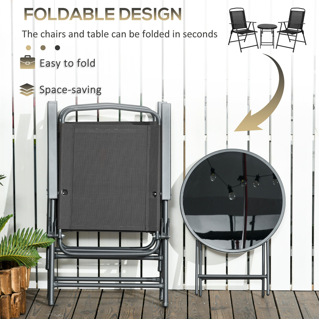 Metal 3 Pieces Garden Bistro Set With Round Glass Top Table - Velmora